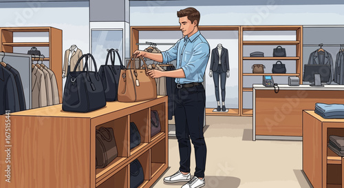 Stylish man looking at handbags in a modern boutique shopping experience