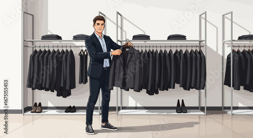 Stylish man in boutique choosing contemporary jacket from modern retail display