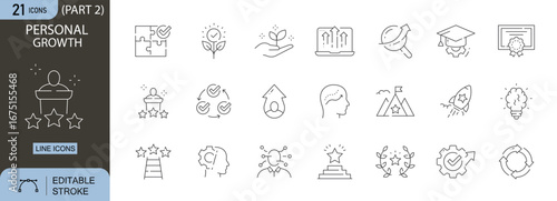   Personal Growth icons set. Includes self-improvement, motivation, success, learning, skills, progress, goals, and achievement symbols. Editable stroke. Line icons. Perfect for infographics.