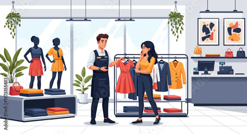 Stylish shopping experience at a modern clothing boutique with personalized service
