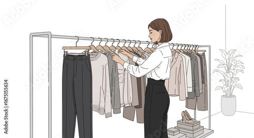 Stylized depiction of a woman curating wardrobe selection from clothing rack