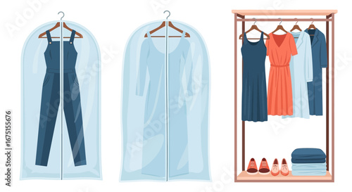 Stylized illustration presenting a wardrobe with different clothing items