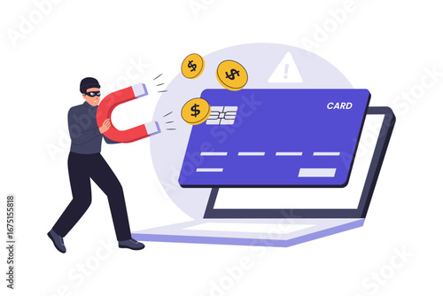 Credit Card Fraud and Data Theft Illustration. A Hacker Uses a Digital Magnet to Steal Personal Information and Credit Card Details from a Laptop. Vector Flat Illustration