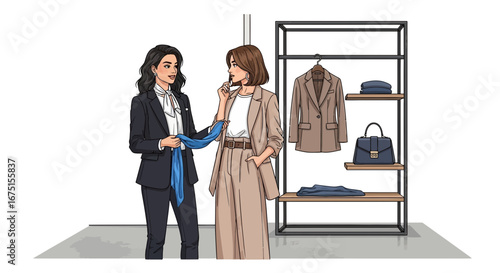 Two elegant women consult at fashion boutique surrounded by stylish clothes