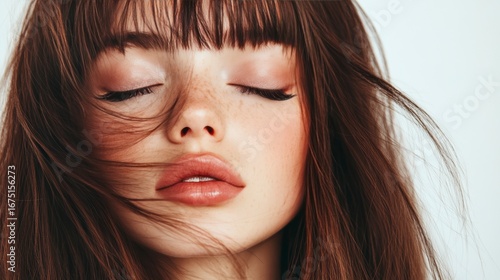Woman with long, straight brown hair and bangs, closed eyes, white background, close-up portrait, eyelash extensions, beauty concept, long eyelashes, full lips, beautiful face.