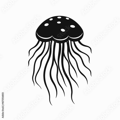 Elegant jellyfish with white dots and flowing tentacles forming a monochrome silhouette