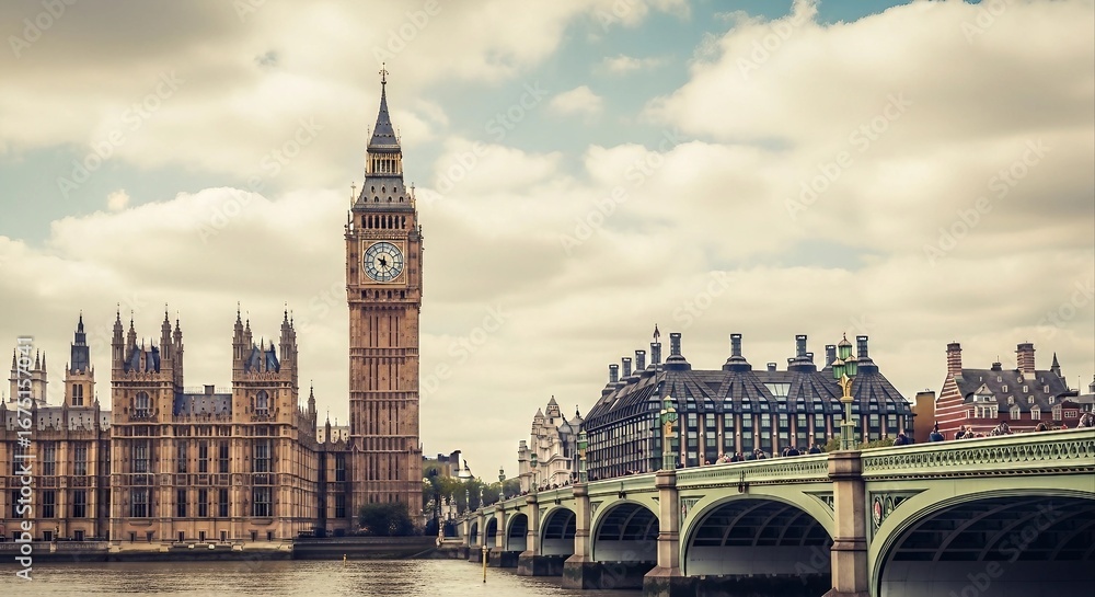 Obraz premium Big Ben and Houses of Parliament London Skyline | Iconic UK Landmarks on the Thames River for Travel Brochures and Historical Documentaries