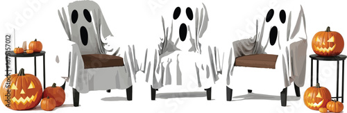 Halloween scene featuring chairs draped as ghosts with pumpkins on white background