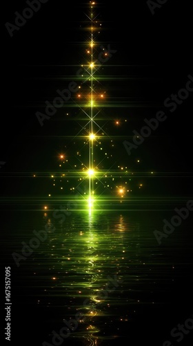 Abstract Christmas tree, glowing lights, reflected in water
