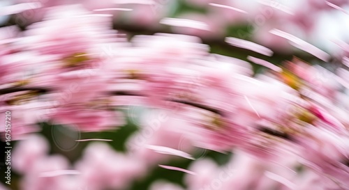 Ephemeral pink dreamscape with blurred blossom dance and petal flurry
