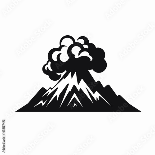 Striking mountain erupting with dark cloud, volcano disaster vector silhouette