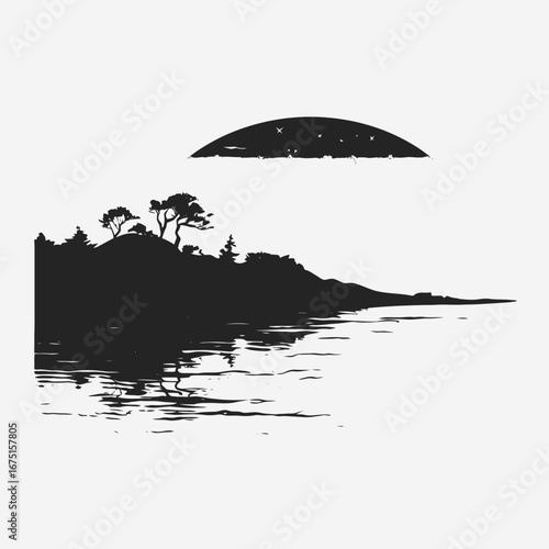 Serene lakeside scene with starry moon in a black silhouette