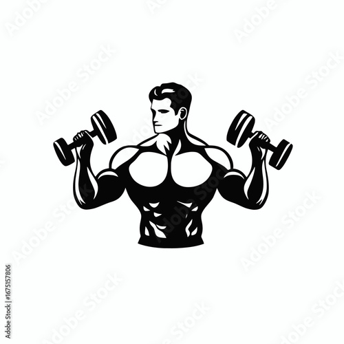 Strong muscular man lifting weights in an intense black silhouette