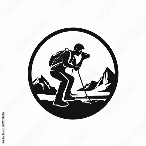 Photographer taking pictures in the mountains in artistic vector based silhouette