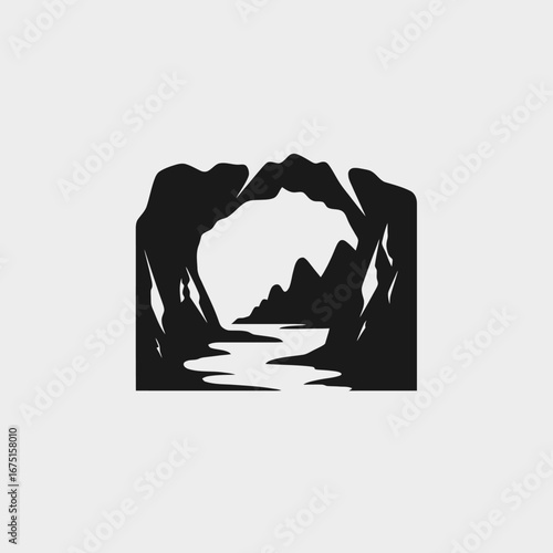 Serene cave entrance with water flowing, a minimal black silhouette