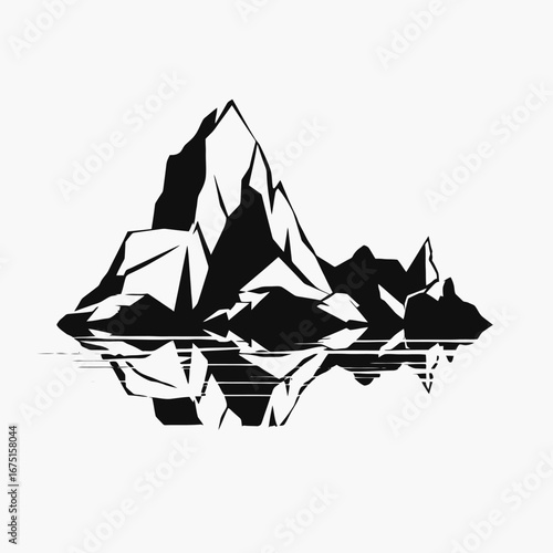 Dramatic mountain range reflecting on water abstract minimal vector silhouette