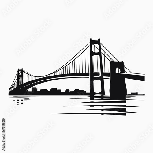 Grand suspension bridge spanning the water with city skyline silhouette