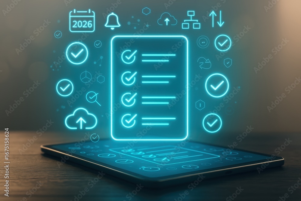 Fototapeta premium A vibrant digital checklist hovers over a tablet, illuminated by a glowing cyan light, showcasing productivity and organization concepts.