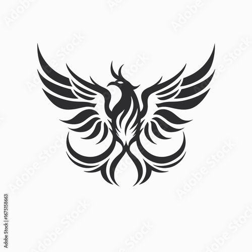 Powerful phoenix rises with open wings, a strong tribal design silhouette