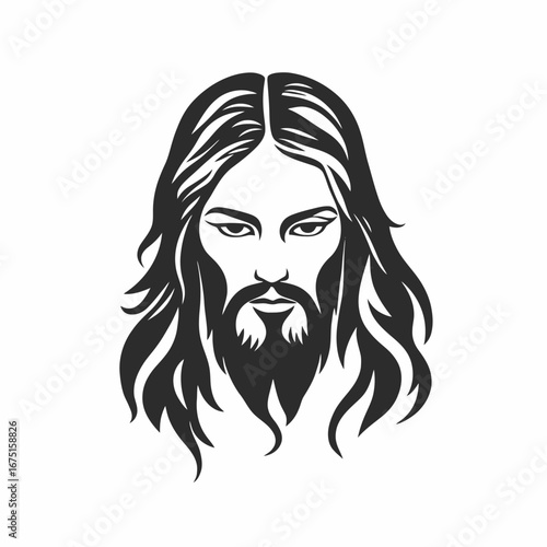 Minimalist black and white illustration of Jesus Christ head portrait silhouette