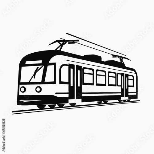 Modern electric city public transportation vehicle, commuter tram, in flat style silhouette
