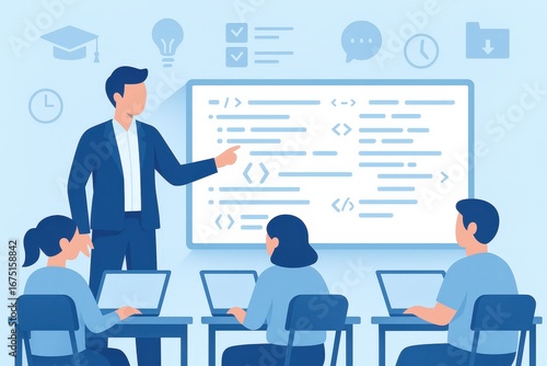 A classroom scene depicts a teacher instructing students on coding concepts.