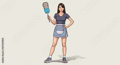 Cartoon style woman, poised with a duster, ready for cleaning work