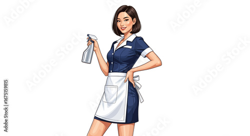 Cartoon style maid in a blue uniform holding a cleaning spray bottle