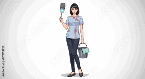 Cartoon-Style Illustration of a Smiling Cleaning Lady with Duster and Bucket