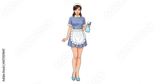 Cartoon-style image of a woman dressed as a housemaid ready for cleaning