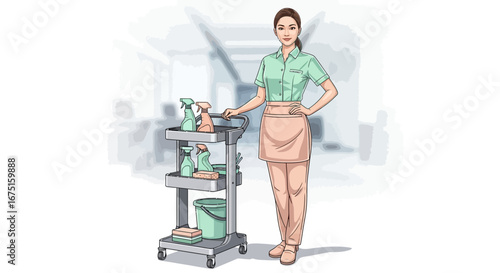 Confident cleaning lady with cleaning cart ready for efficient housekeeping