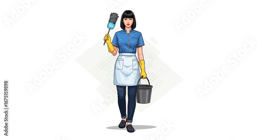 Dedicated cleaning lady stands prepared with bucket and duster brush