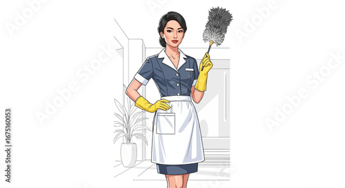 Elegant housekeeper illustration ready to work, holding a duster in the house