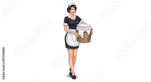 Elegant maid carrying fresh towels in a wicker basket for household chores
