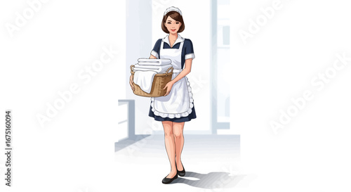 Elegant maid holding a basket of folded towels with professional demeanor