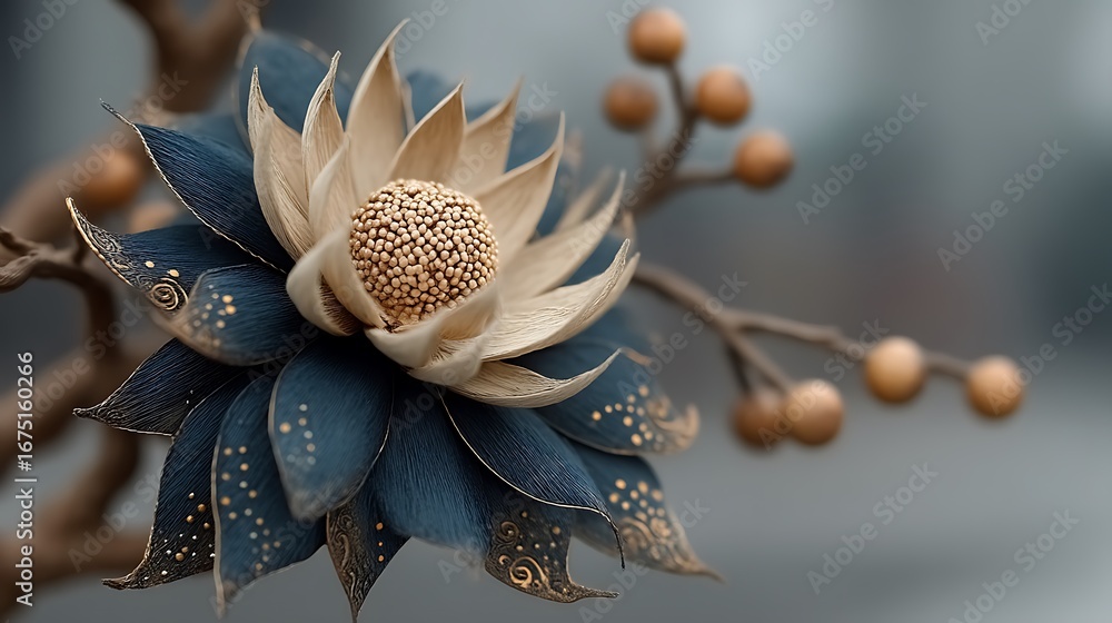 Naklejka premium Blue and Beige Flower with Decorative Details on Branch, Isolated Background for Copy Space