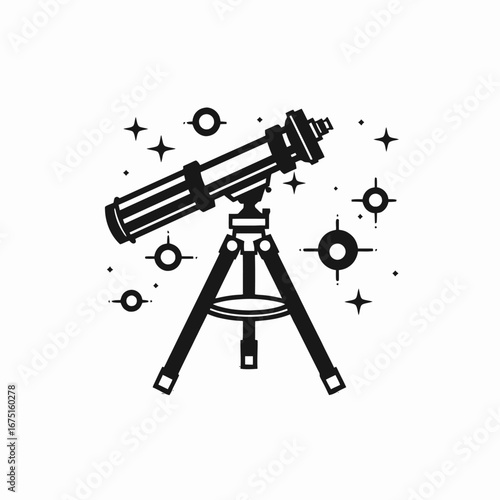 Elegant astronomical telescope with stars and dots vector art illustration silhouette