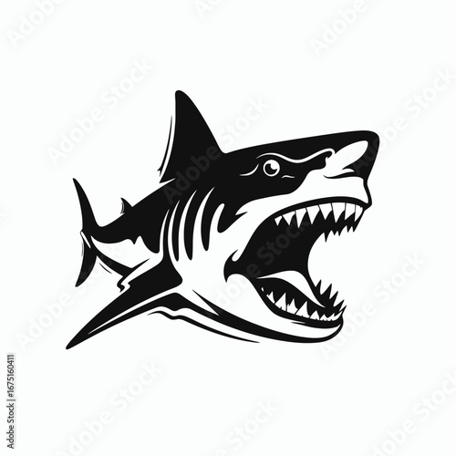 Ferocious great white shark, teeth bared, graphic dangerous animal silhouette
