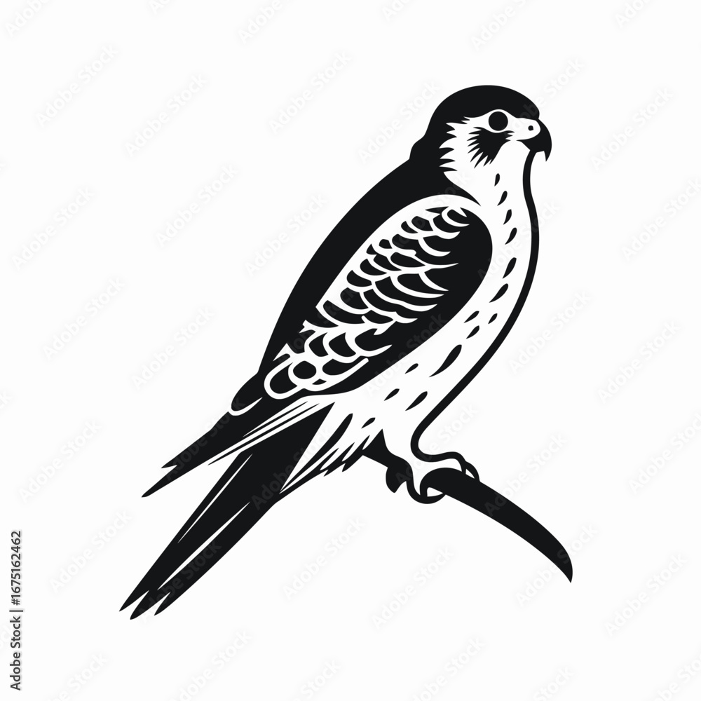 Fototapeta premium Captivating falcon perched on a branch, in striking monochrome vector silhouette
