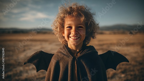 Joyful young girl smiling outdoors during sunset with curly hair casual clothing in a natural landscape capturing childhood innocence happiness and adventure