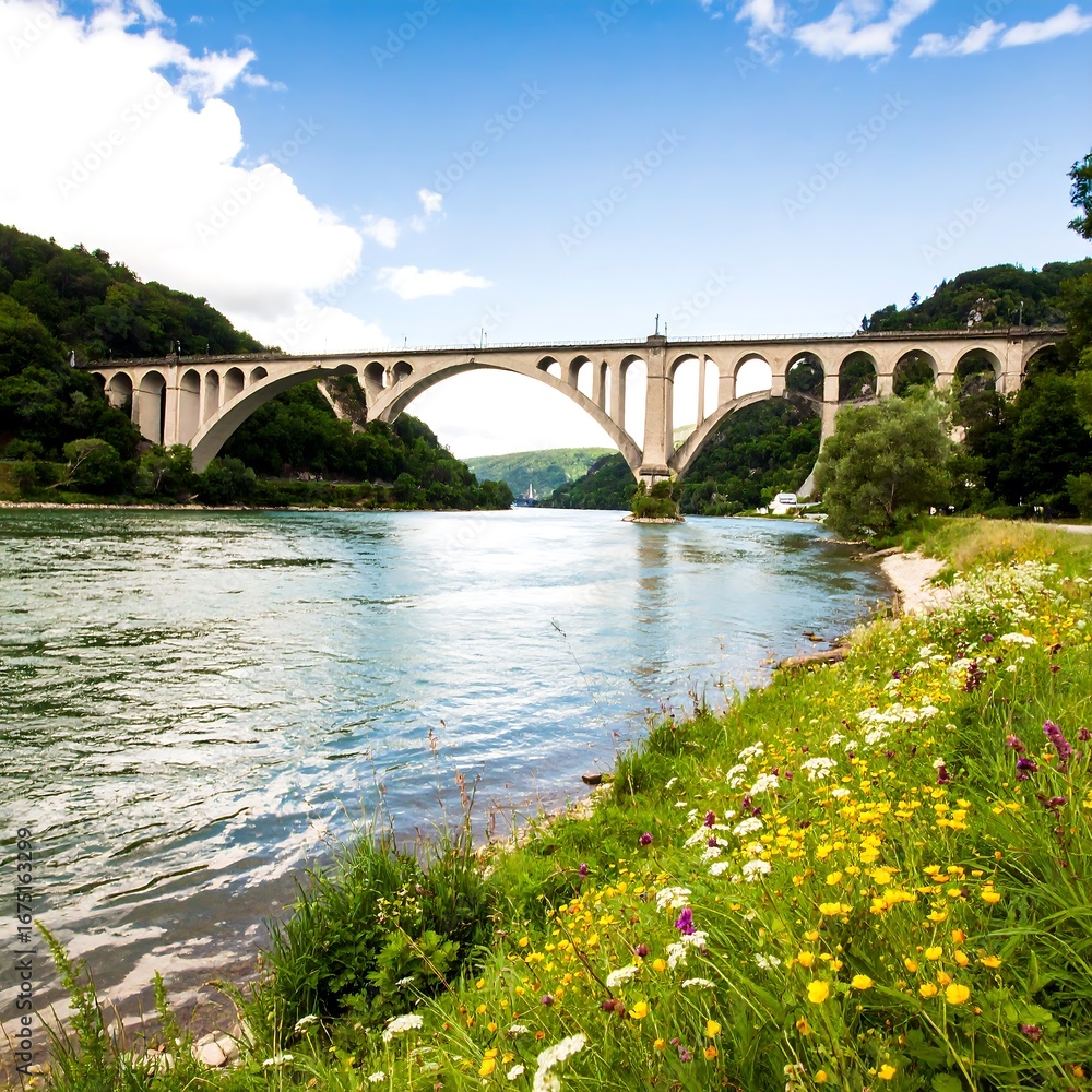 Fototapeta premium River valley bridge with wildflowers