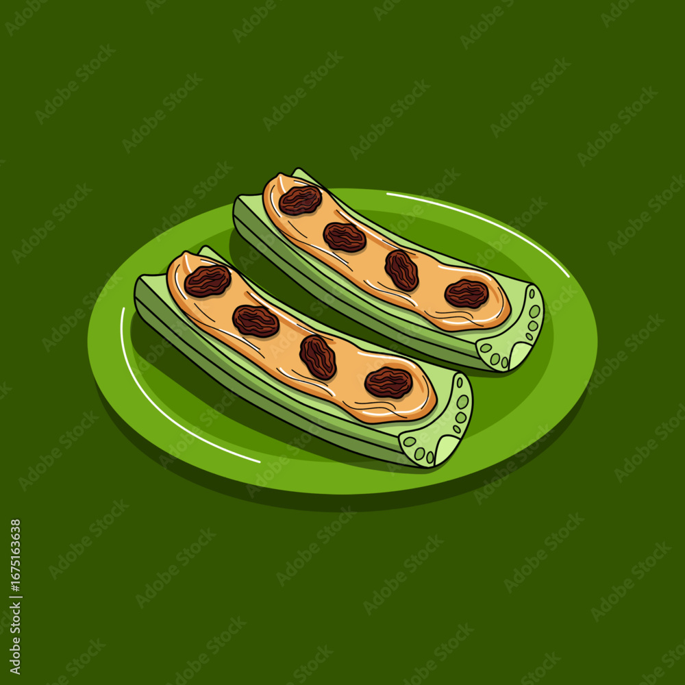 Φωτογραφία Celery stalks topped with peanut butter and raisins are served on green plate against a dark green background