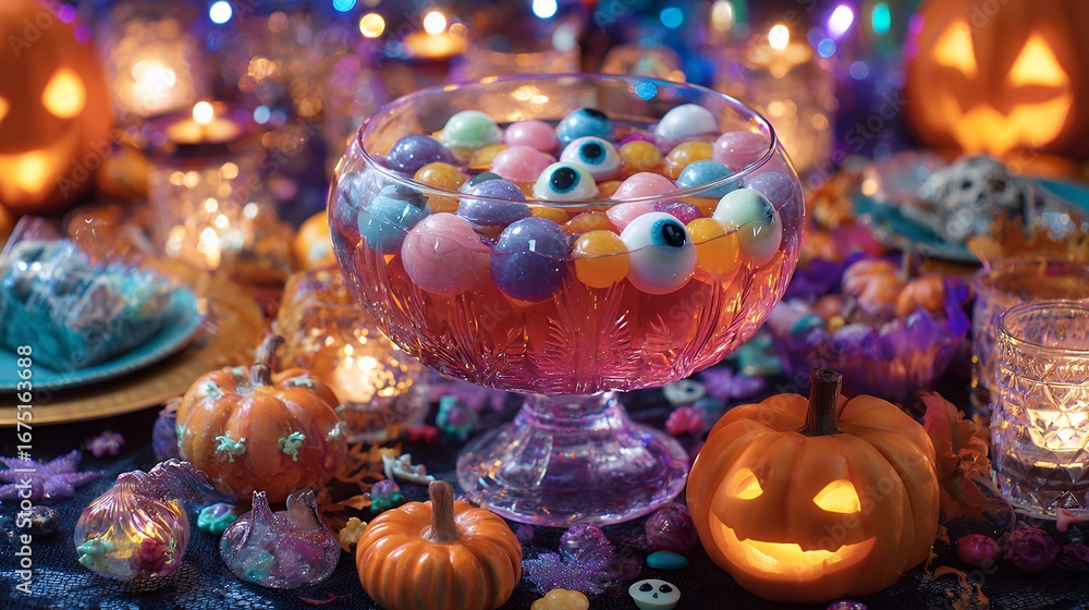 Obraz premium Vibrant Halloween celebration featuring glowing pumpkins spooky decorations colorful candies festive atmosphere and creative costumes for seasonal fun