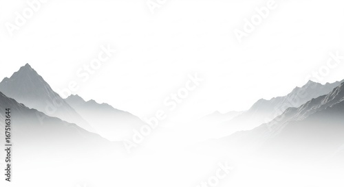 静寂な山並み 霧深く漂う水墨画風 美しい風景. AI Generated