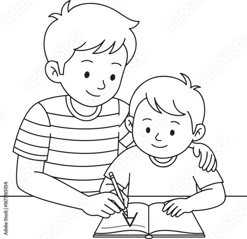 A big brother helping his younger brother with his homework or school work