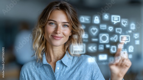 Smiling woman using a virtual digital communication screen, generative AI icons and chatbot bubbles in the interface