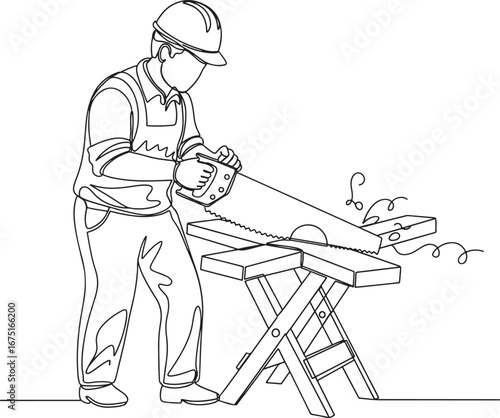  A line drawing of a construction worker using a hand saw to cut a piece of wood.