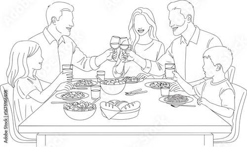 A line drawing showing a family of four hiking together through a scenic landscape