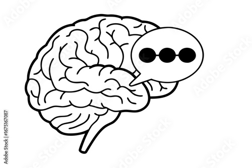 Minimalist line art of a brain with a speech bubble, a conceptual icon for the thinking process and inner monologue. A simple symbol for psychology and neurology