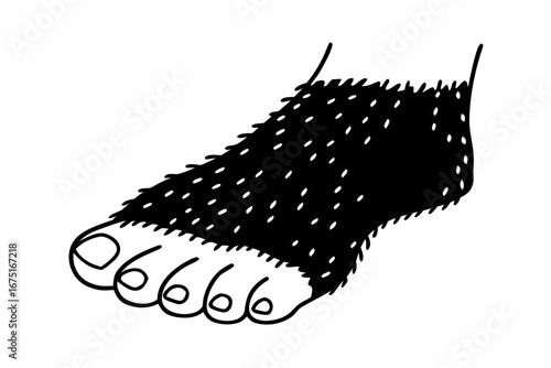 Whimsical hairy foot illustration with exaggerated toes and detailed hair texture on a white background, creating a playful and surreal image